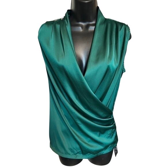 Avanova Tops - AVANOVA Emerald Green women’s Satin Wrap Blouse Sleeveless V Neck Top Medium NWT